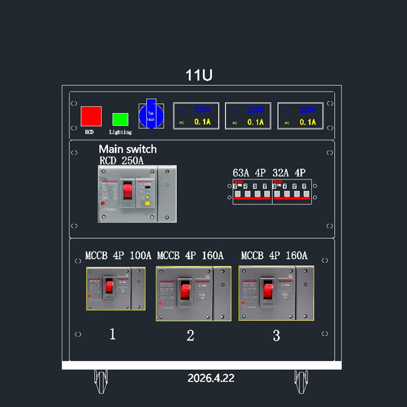 1ch 63A 5P 10mm² + 1ch 32A 5P 6mm² Output+ 400A Camlock 50mm² Input + 3chs 150A Camlock 35mm² Reverse Output Power Distribution Cabinet Box