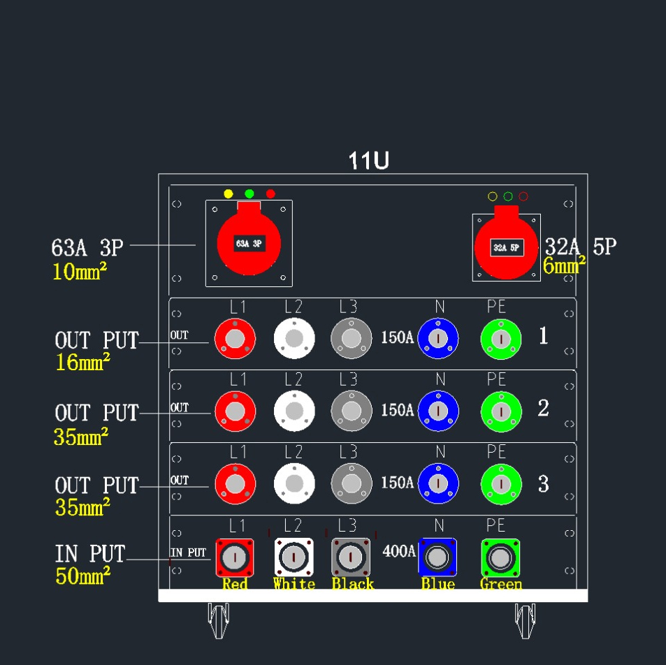 1ch 63A 5P 10mm² + 1ch 32A 5P 6mm² Output+ 400A Camlock 50mm² Input + 3chs 150A Camlock 35mm² Reverse Output Power Distribution Cabinet Box