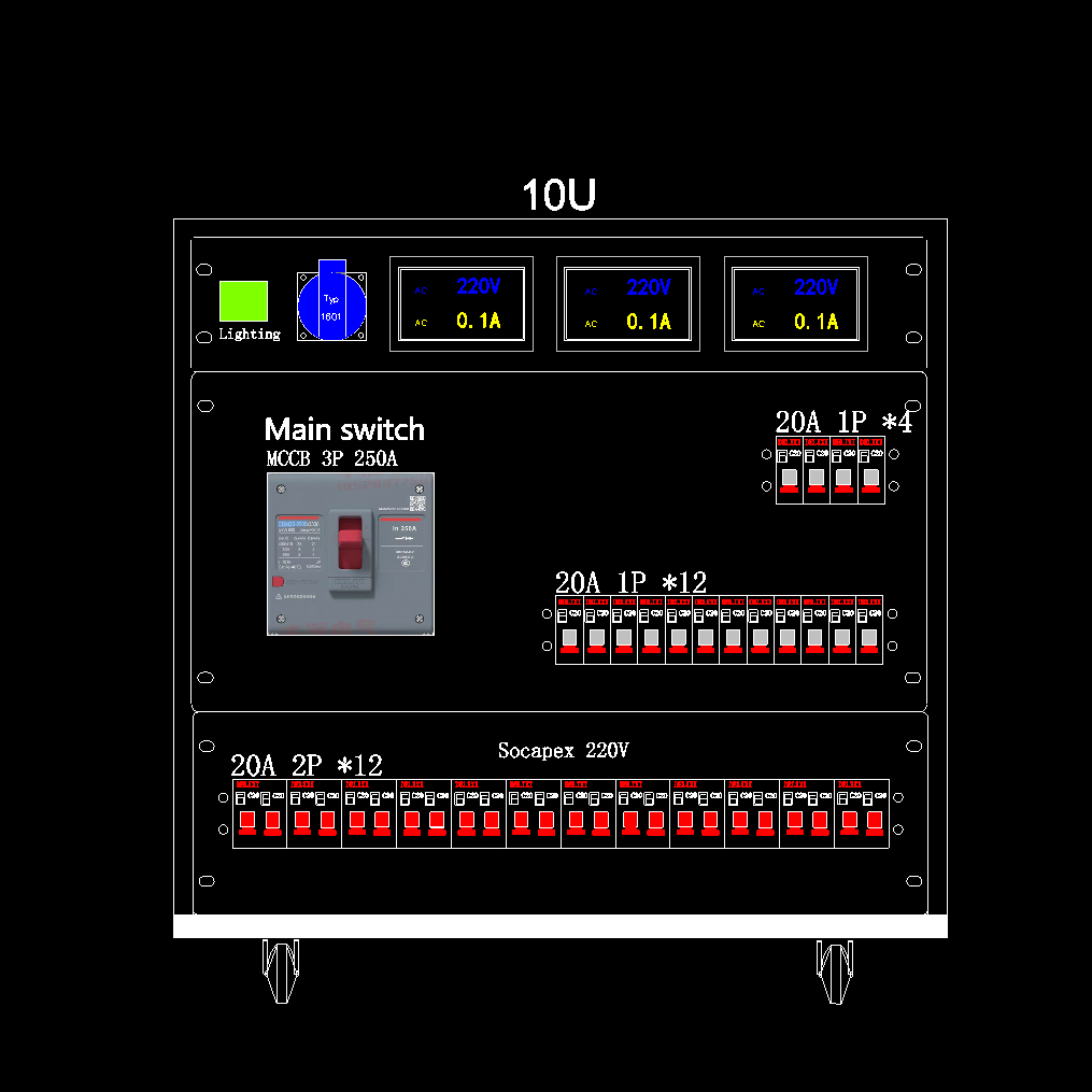4 Road 20A American Edison Plugs + 4 Road 19 Pin Socapex Output Camlock Input and Output Power Distro