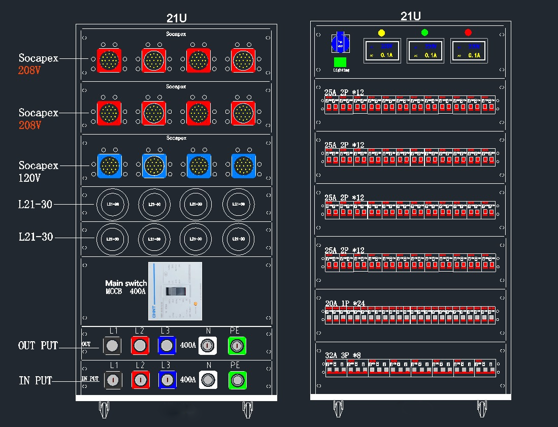8chs 19-Pin Socapex 208V + 4chs 19-Pin Socapex 120V + 8chs  L21-30 Outputs Outputs Power Distribution Cabinet Box