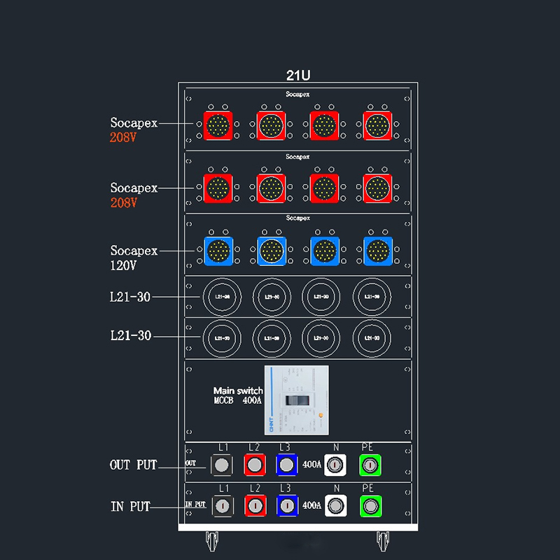 8chs 19-Pin Socapex 208V + 4chs 19-Pin Socapex 120V + 8chs  L21-30 Outputs Outputs Power Distribution Cabinet Box