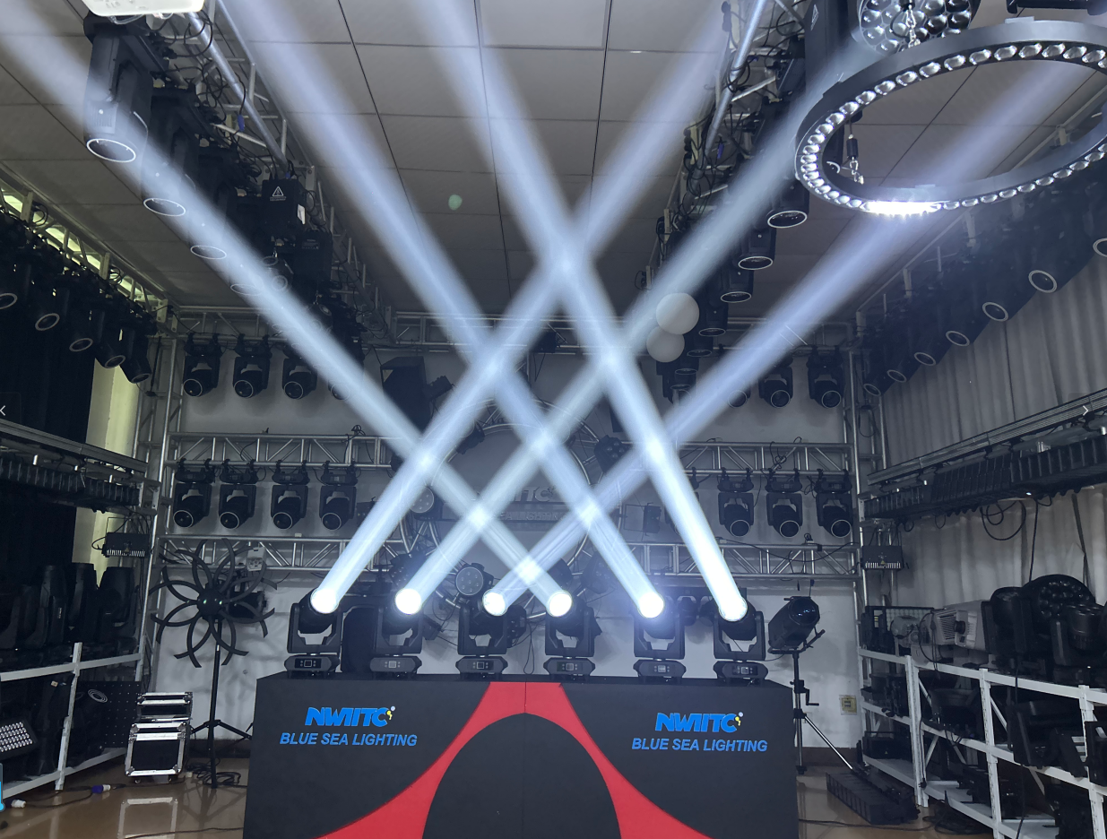 Blue Sea Lighting Showroom Showcase: IP65 250W LED Beam Moving Head Light Creates Powerful Outdoor Lighting Effects