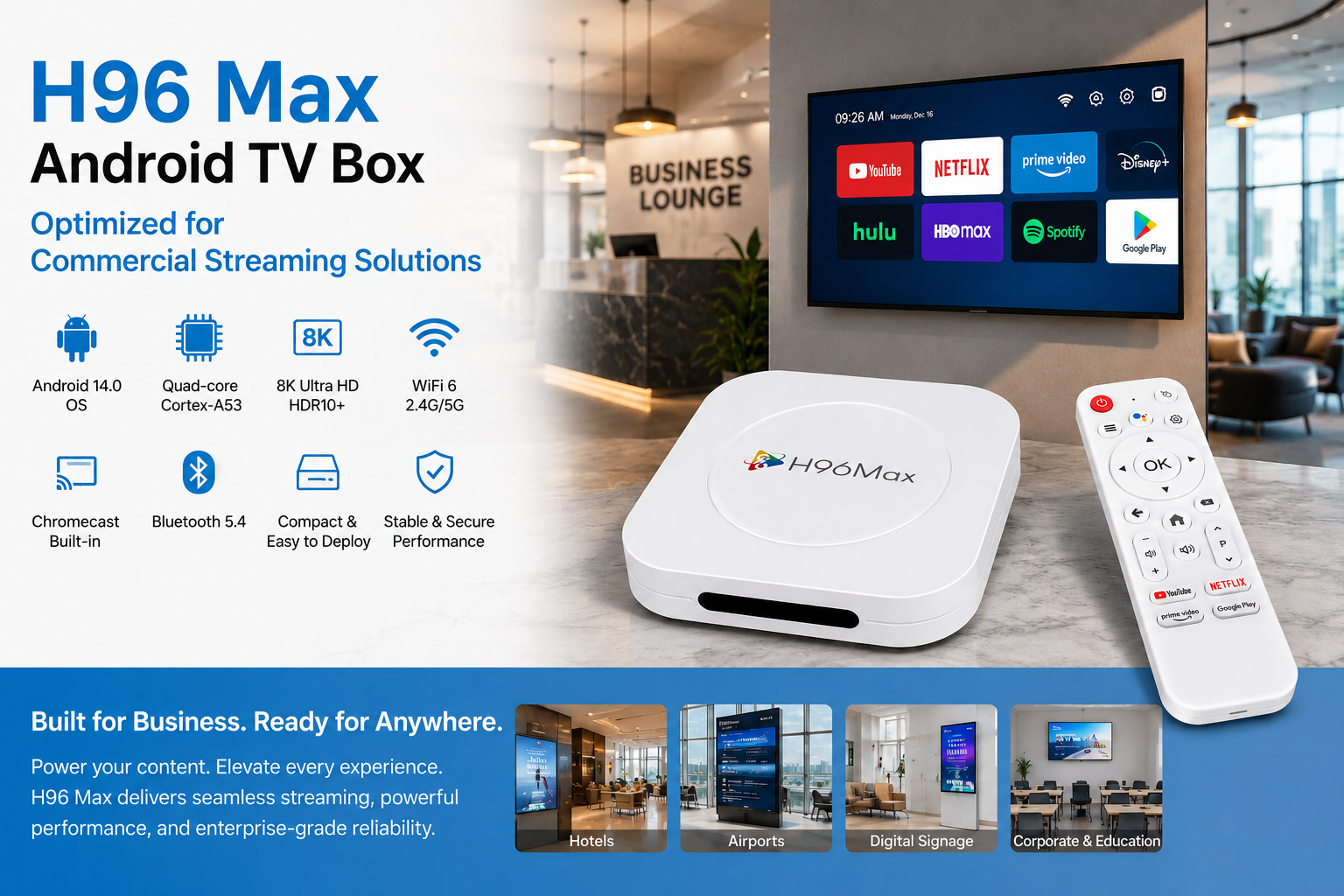 Android TV Box optimized for commercial streaming solutions