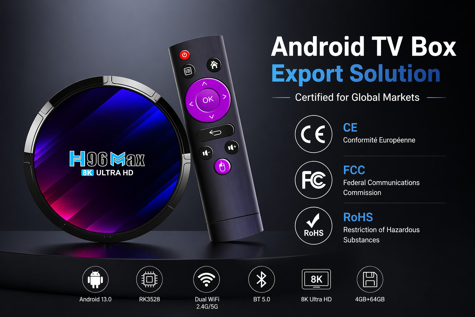  CE FCC RoHS approved Android TV Box export solution
