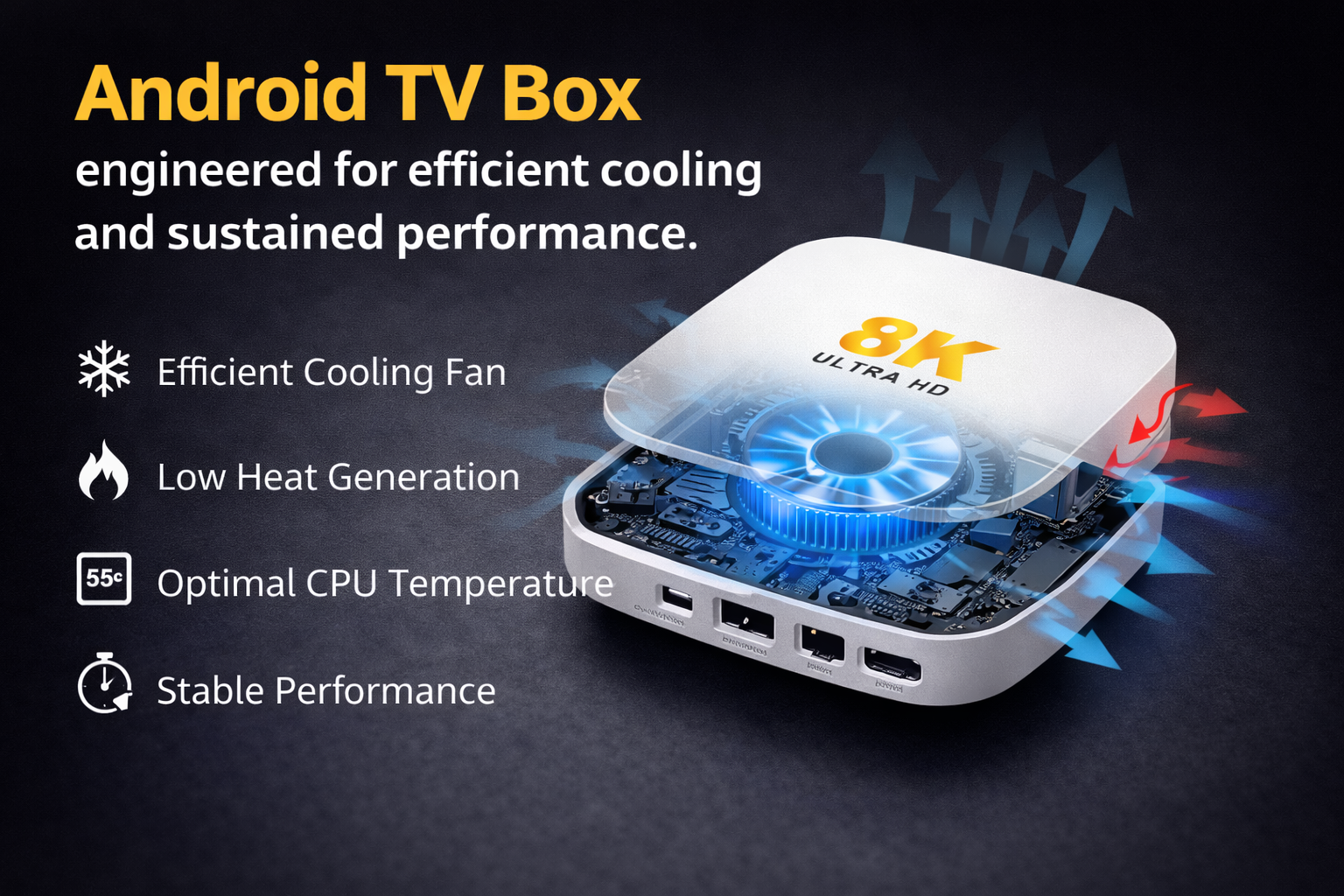 Android TV Box engineered for efficient cooling and sustained performance