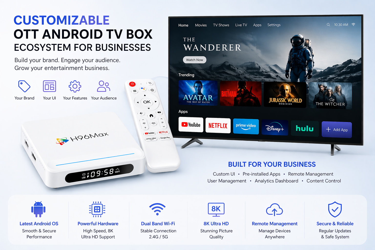 Customizable OTT Android TV Box ecosystem for businesses
