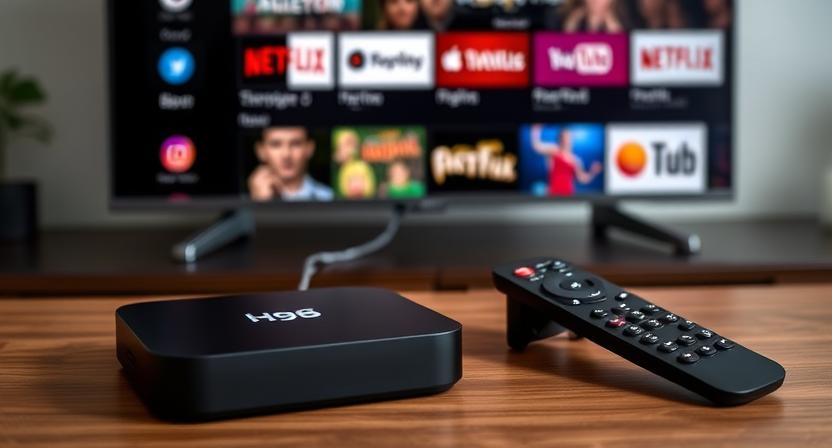 A sleek H96 Max Android TV box with logo connected to a flat-screen TV with streaming apps A sleek H96 Max Android TV box with logo connected to a flat-screen TV with streaming apps