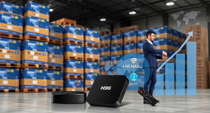 Business professional analyzing Android TV Box bulk orders with rising profit chart, modern office scene