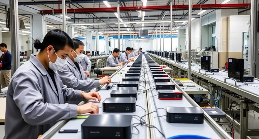 Android TV box ODM assembly line with workers testing devices Android TV box ODM assembly line with workers testing devices