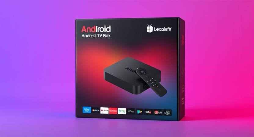 Android TV box packaging design mockup with branding elements highlighted