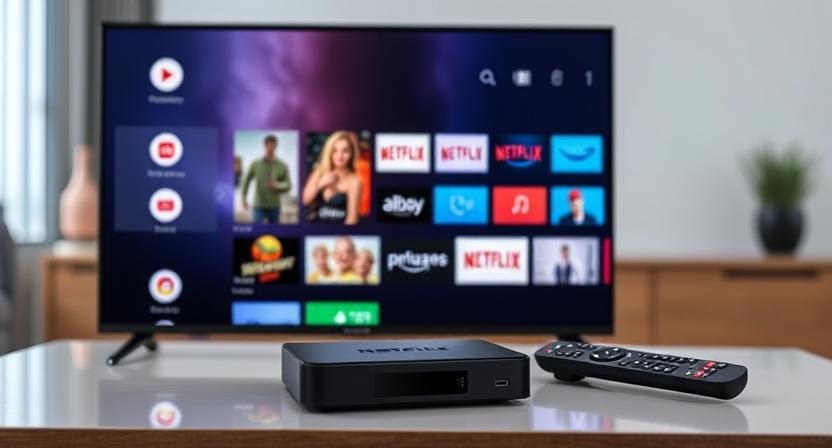 Android TV box running customized firmware with streaming apps pre-installed. Android TV box running customized firmware with streaming apps pre-installed.