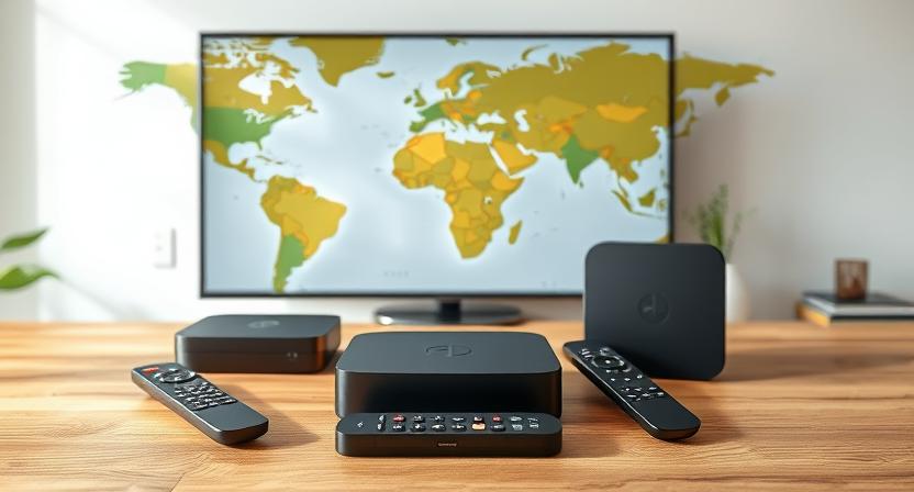 Android TV boxes on a table with world map in the background. Android TV boxes on a table with world map in the background.