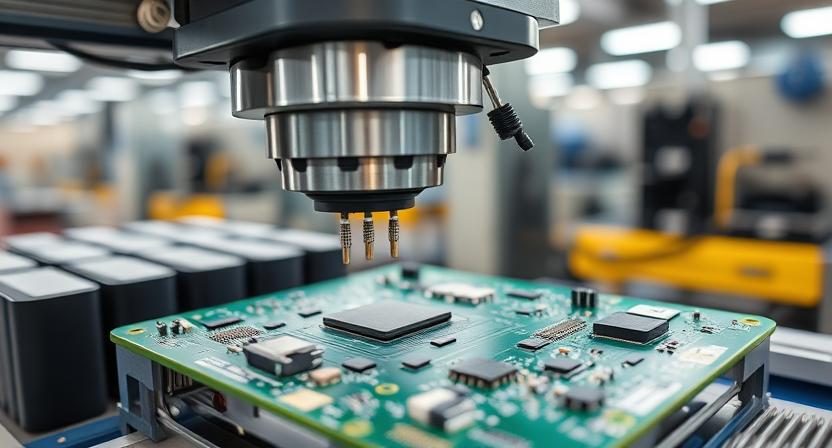 Automated SMT machine placing chips on PCB during Android TV box PCBA process