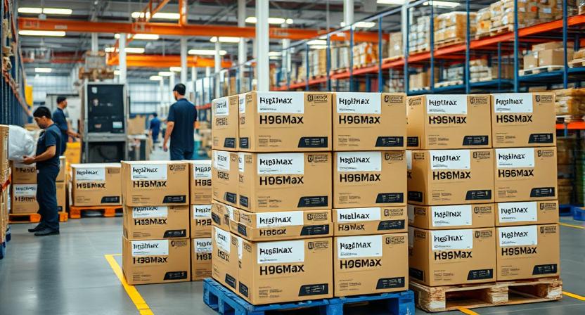 Bulk Android TV boxes stacked in factory ready for small MOQ shipments