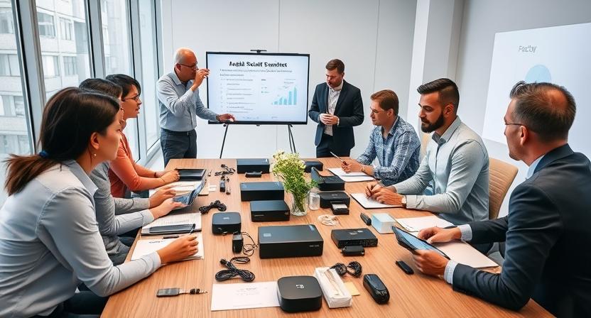 Business meeting between overseas clients and factory representatives reviewing TV box quality