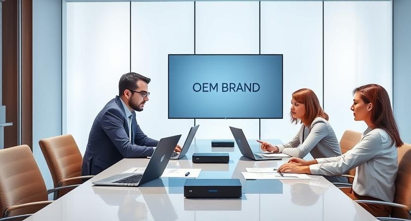 Business meeting between resellers and Android TV box supplier discussing OEM options Business meeting between resellers and Android TV box supplier discussing OEM options