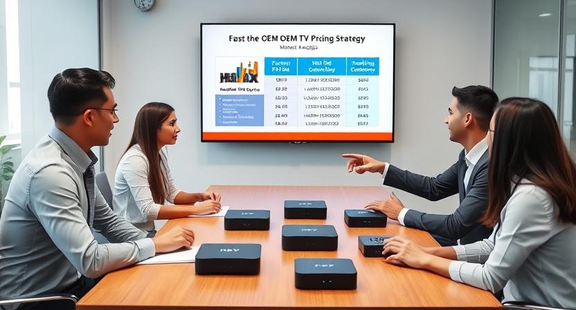 Business meeting discussing competitive pricing strategy for OEM TV boxes Business meeting discussing competitive pricing strategy for OEM TV boxes