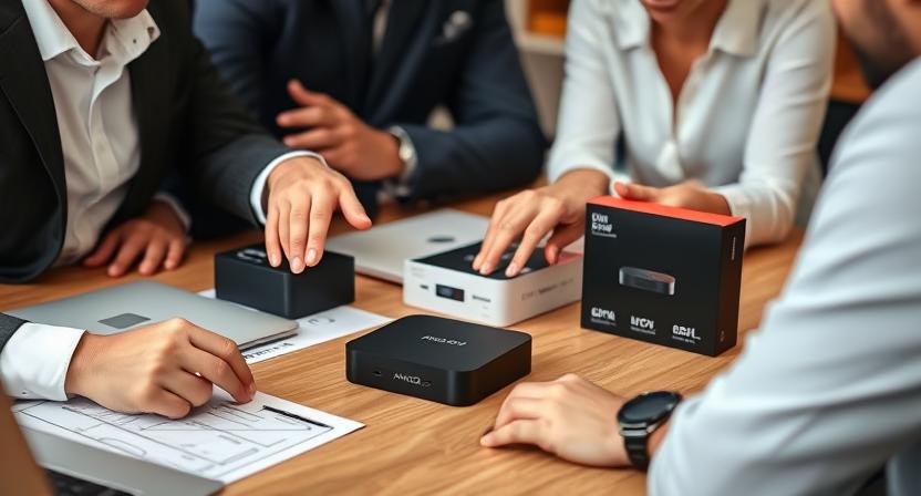 Close-up of business people discussing Android TV Box bulk orders and OEM options, pointing at sample boxes and packaging on a meeting table, laptops and charts visible, realistic commercial photography Close-up of business people discussing Android TV Box bulk orders and OEM options, pointing at sample boxes and packaging on a meeting table, laptops and charts visible, realistic commercial photography