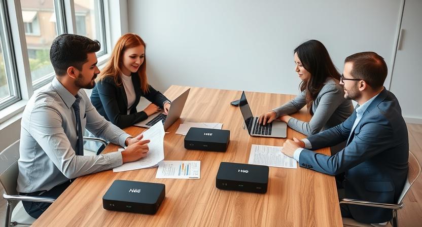 Business team reviewing bulk Android TV box contract Business team reviewing bulk Android TV box contract