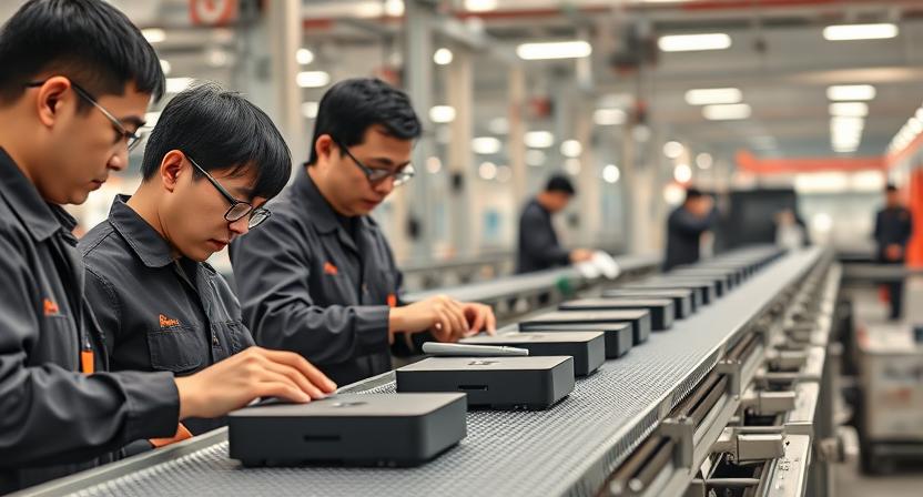 Chinese technicians inspecting branded Android TV boxes on a factory line