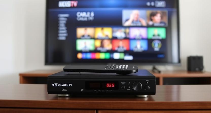Classic set top box with remote control placed in front of a TV