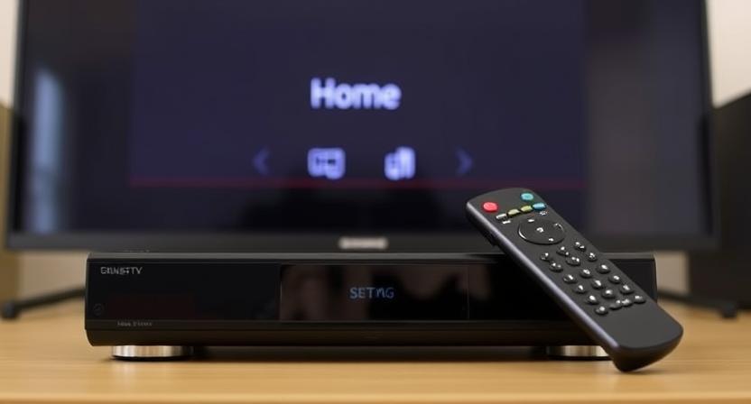 Classic set top box with remote control placed in front of a TV Classic set top box with remote control placed in front of a TV
