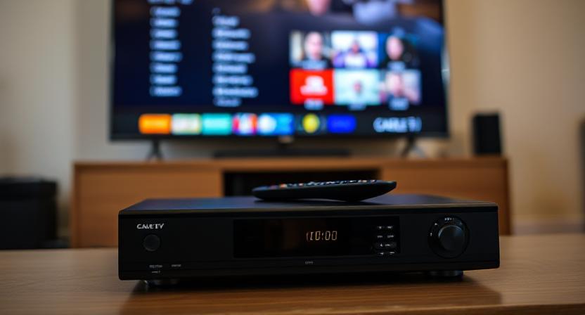 Classic settop box with remote control placed in front of a TV Classic settop box with remote control placed in front of a TV