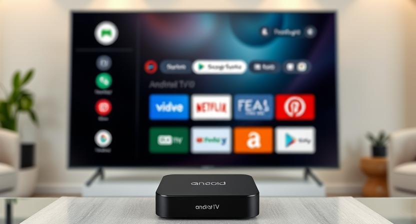 Close-up of Android TV box UI showing custom branding Close-up of Android TV box UI showing custom branding