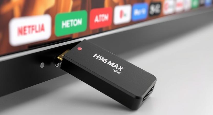 Close-up of H96 Max H313 TV Stick with HDMI connected to a smart TV Close-up of H96 Max H313 TV Stick with HDMI connected to a smart TV