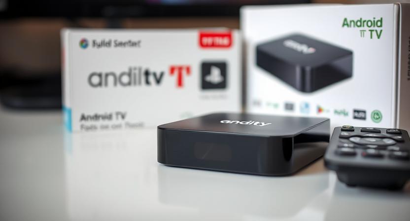 Close-up of TV Box with remote and custom packaging, highlighting premium features