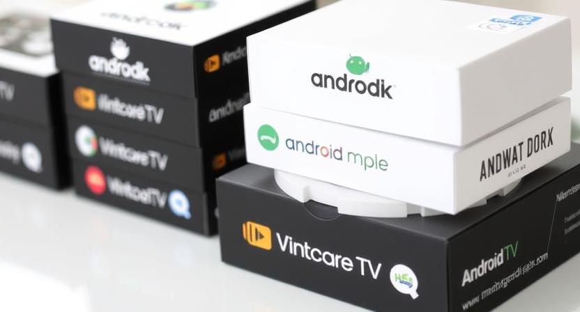 Close-up of custom-printed Android TV boxes with unique logos Close-up of custom-printed Android TV boxes with unique logos
