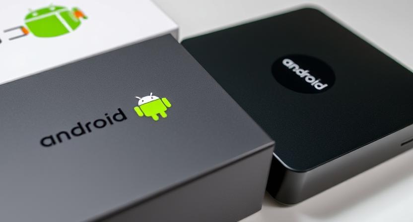 Close-up of custom logo printing on Android TV box and branded packaging boxes
