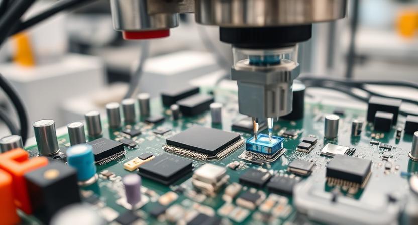 Close-up of modern Android TV box components on a circuit board during manufacturing