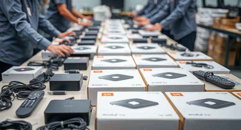 Close-up of multiple smart TV boxes with packaging and accessories for bulk order Close-up of multiple smart TV boxes with packaging and accessories for bulk order