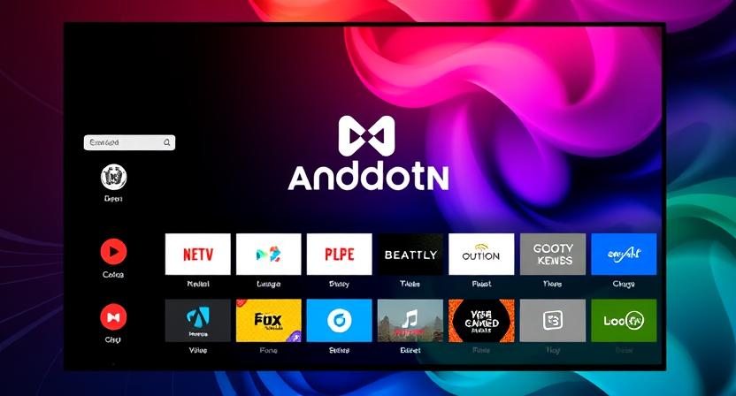Custom Android TV Box UI displaying brand logo and themed icons 