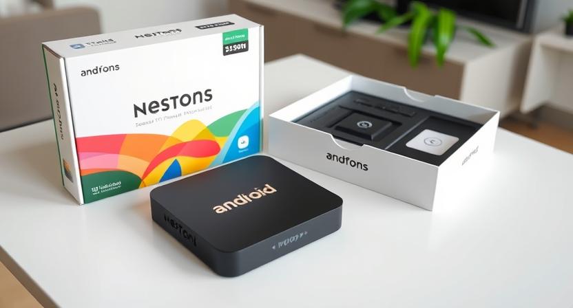 Custom Android TV box packaging showcasing logo, graphics, and protective inserts
