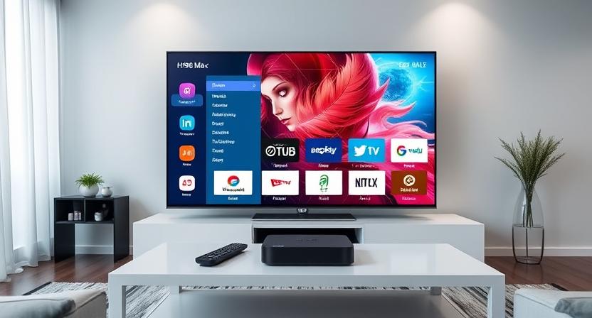 Custom firmware Android TV box with branded launcher UI on smart TV screen