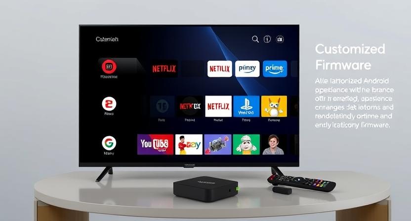 Customized Android TV box UI showing branded launcher with apps Customized Android TV box UI showing branded launcher with apps