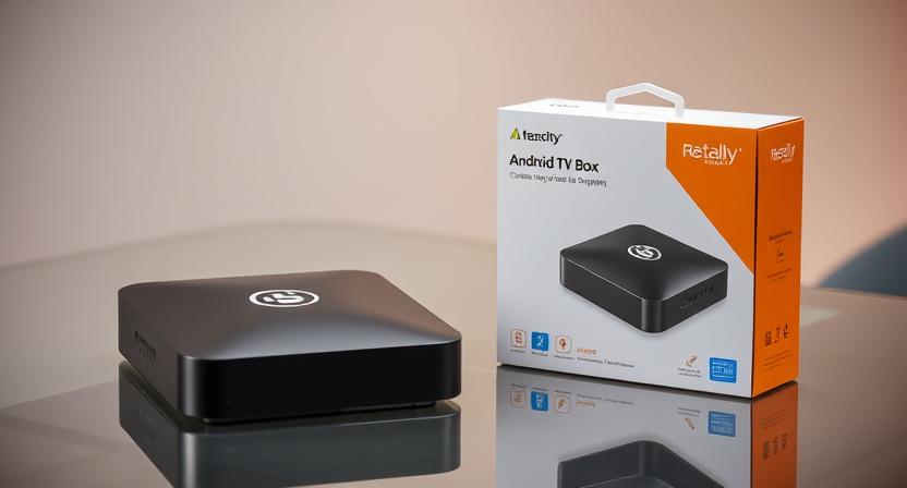 Customized Android TV box with branded packaging on a display table Customized Android TV box with branded packaging on a display table