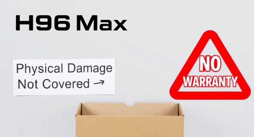 Damaged Android TV box with warning sign for no warranty Damaged Android TV box with warning sign for no warranty