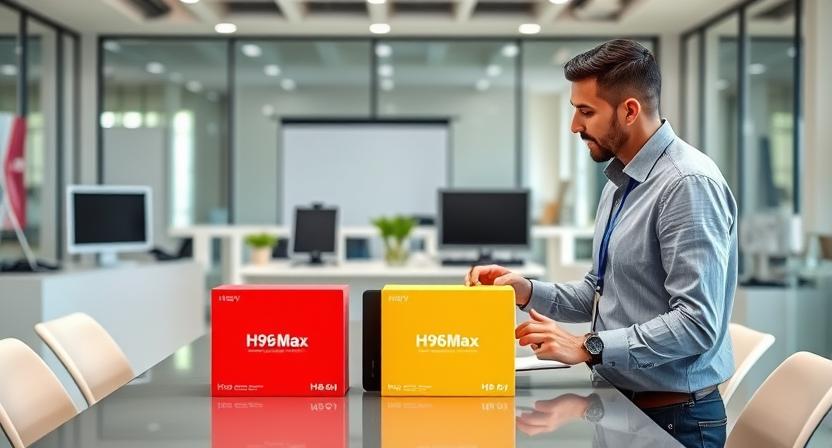 Distributor discussing customized Android TV box packaging with factory representative Distributor discussing customized Android TV box packaging with factory representative