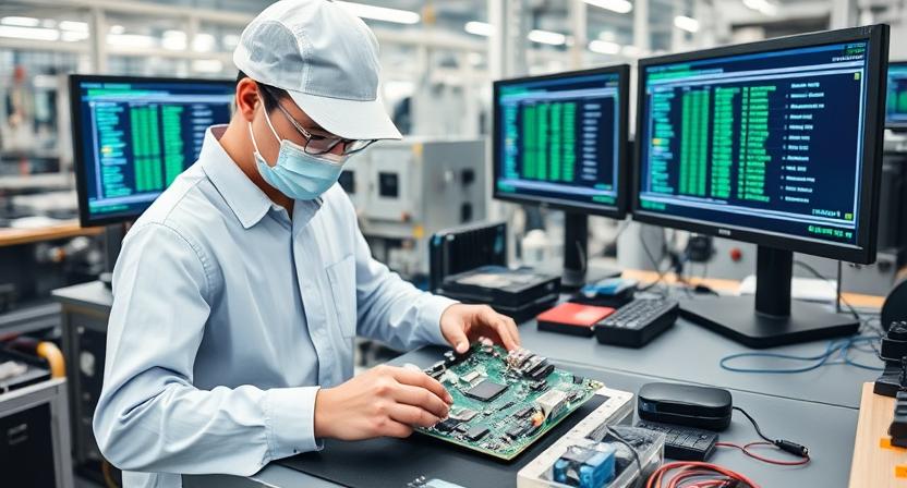 Engineer testing PCBA boards for Android TV box production Engineer testing PCBA boards for Android TV box production