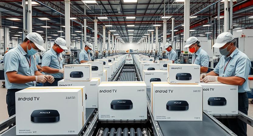 Factory floor with technicians inspecting customized Android TV boxes before shipment Factory floor with technicians inspecting customized Android TV boxes before shipment