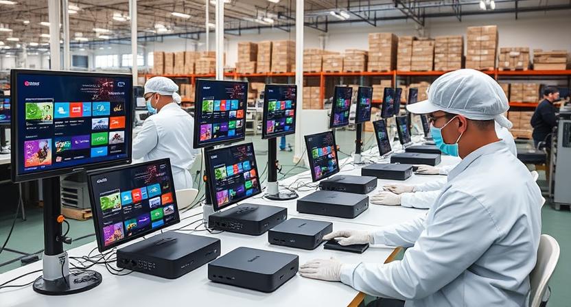 Factory floor with technicians testing Android TV boxes before shipment Factory floor with technicians testing Android TV boxes before shipment