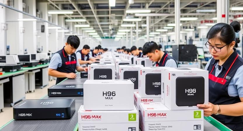 Factory line with Chinese workers assembling Android TV boxes Factory line with Chinese workers assembling Android TV boxes