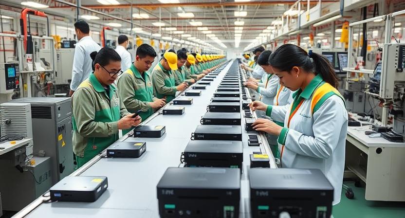 Factory production line assembling Android TV boxes with workers inspecting quality