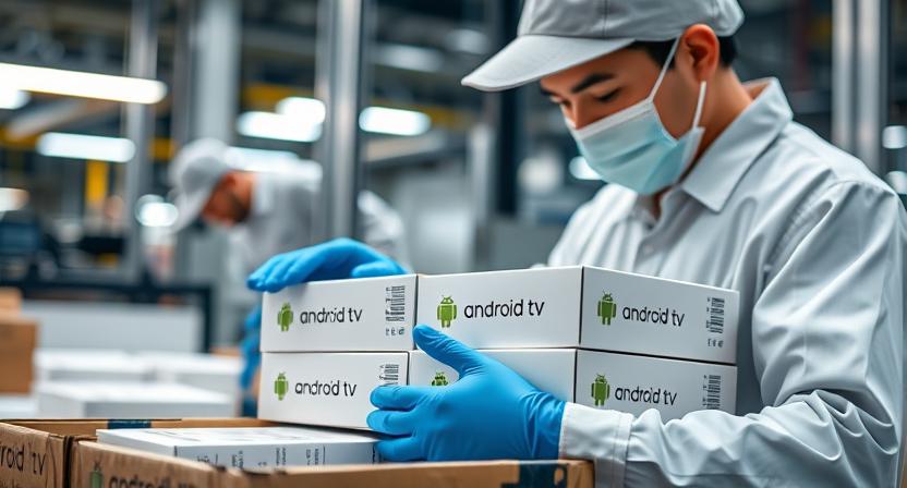 Factory technician packaging branded Android TV boxes, emphasizing careful handling