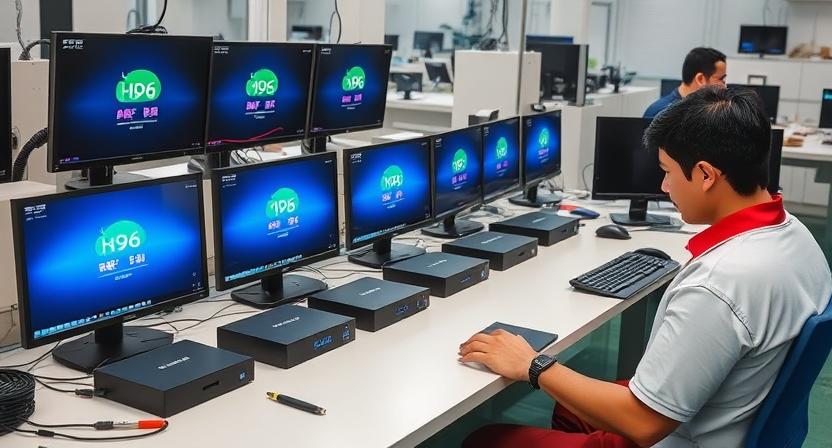 Factory technician testing customized firmware on multiple H96 Max TV boxes Factory technician testing customized firmware on multiple H96 Max TV boxes