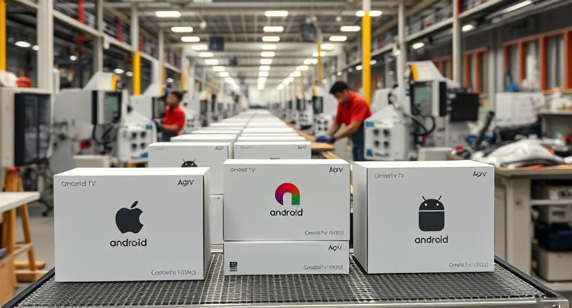 Factory workers assembling custom branded Android TV boxes with logos