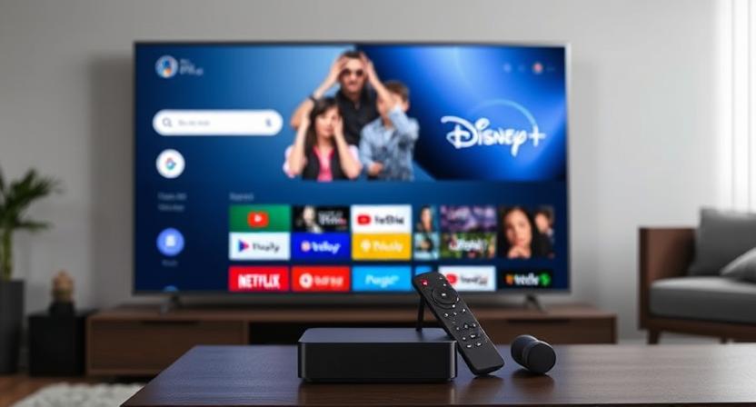 Google TV box interface with streaming apps and Google Assistant remote Google TV box interface with streaming apps and Google Assistant remote